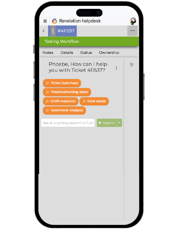 Revelation helpdesk mobile AI assistant providing ticket summary, troubleshooting steps, root cause, draft response, and sentiment analysis