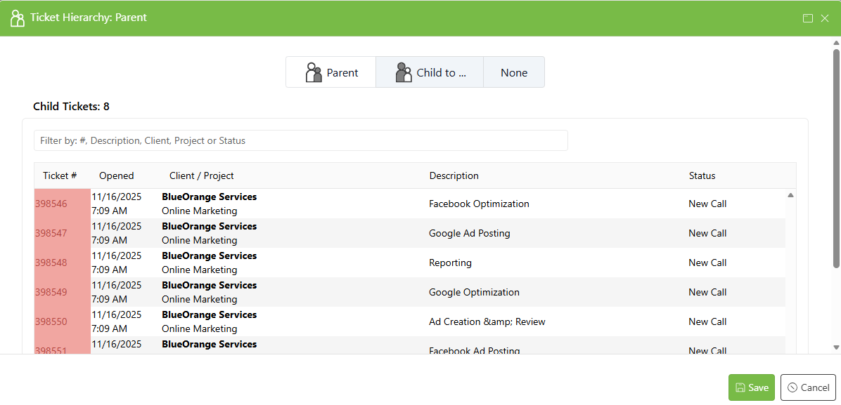 Product Features Parent Child Tickets